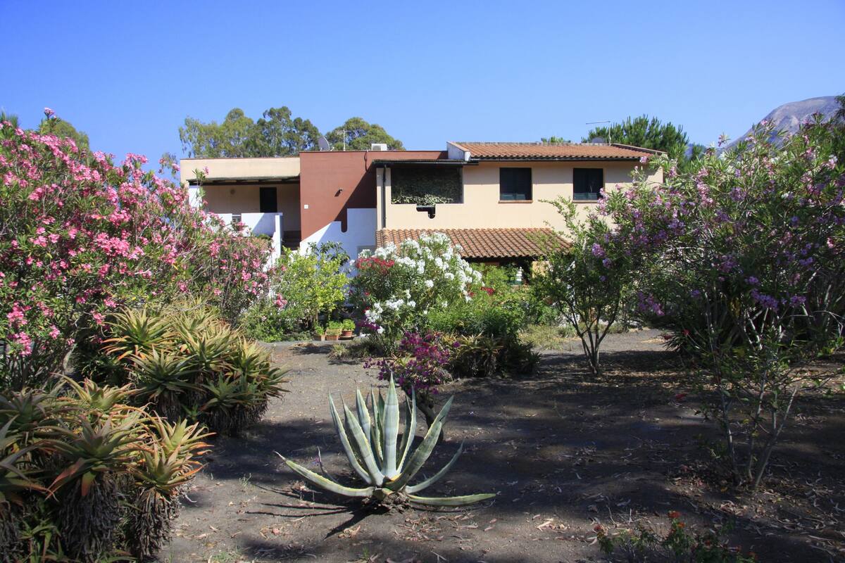 Une maison à deux étages avec un jardin à l’avant.