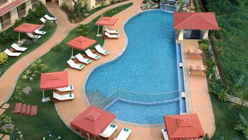 Outdoor pool, open 8 AM to 7 PM, pool umbrellas, sun loungers