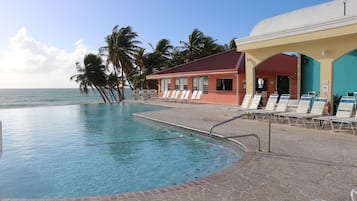 Een buitenzwembad, ligstoelen bij het zwembad