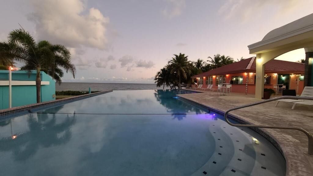 Una piscina con vista al océano, palmeras y un edificio con techo rojo.