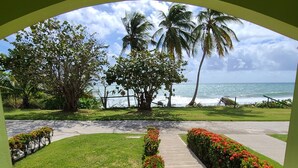 A view through an archway of a landscaped area with a pathway leading to the beach, palm trees, and ocean. - Parador MaunaCaribe (Maunabo)