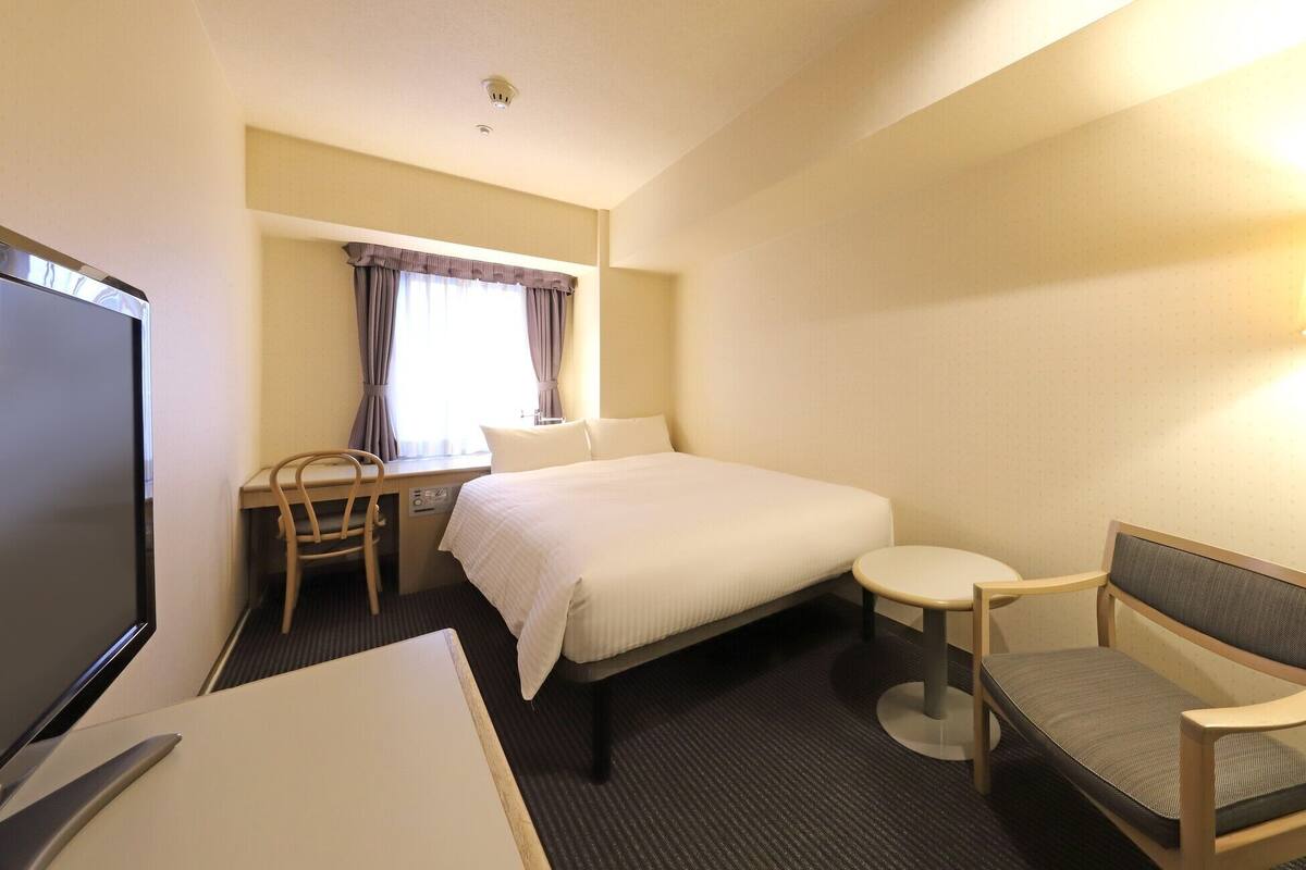 A hotel room with a bed, a desk, a chair, a TV, and a lamp.