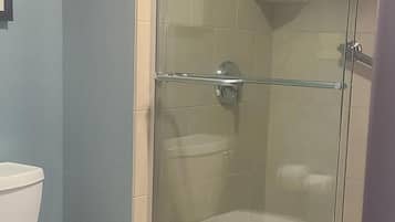 A bathroom with a glass-enclosed shower, a toilet, and a sink.