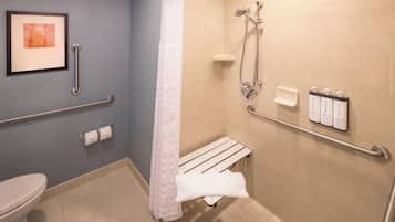 A bathroom with a shower, toilet, and handrails.