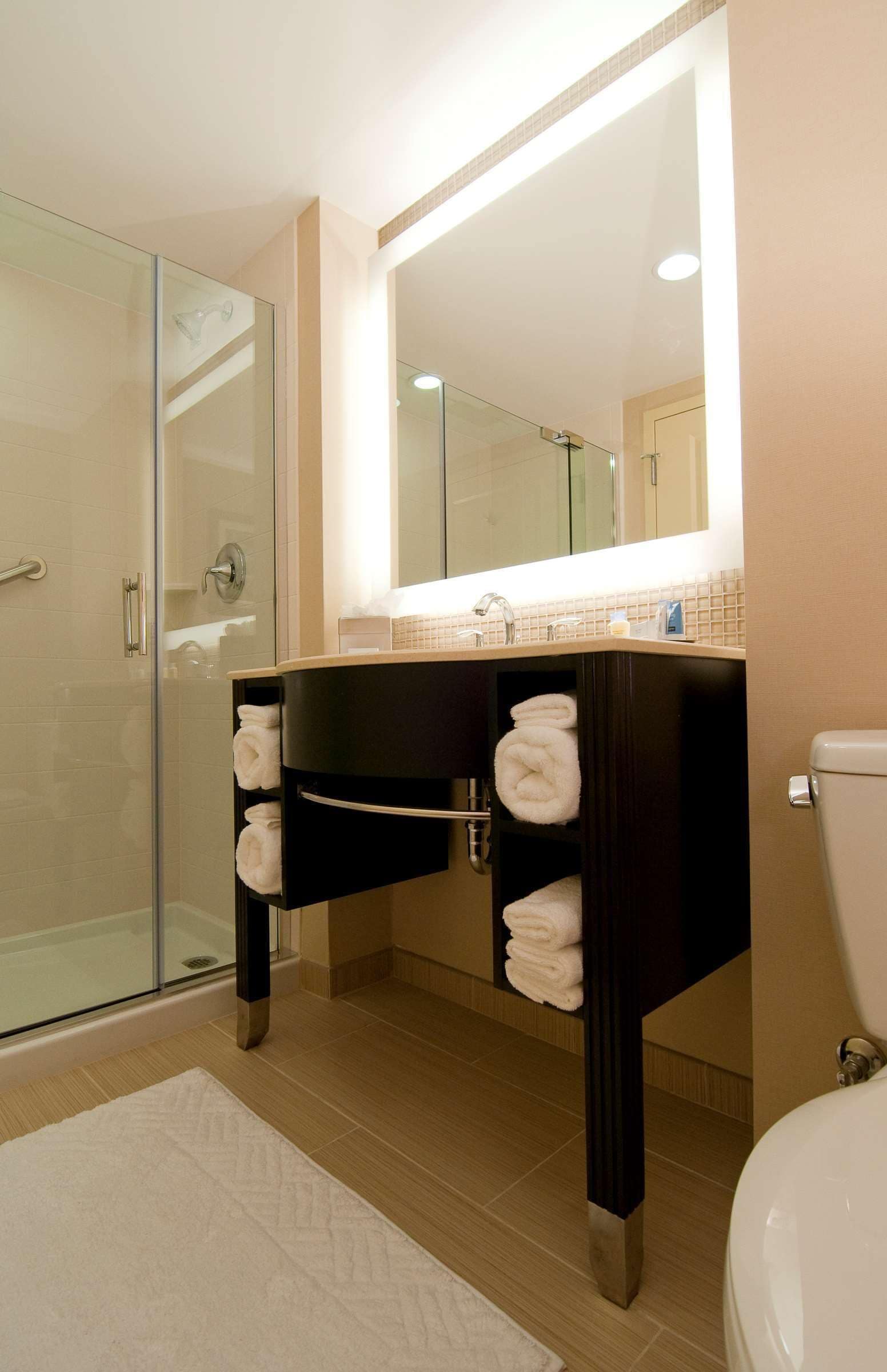 A modern bathroom with a glass shower enclosure, a vanity with a mirror, and a toilet.