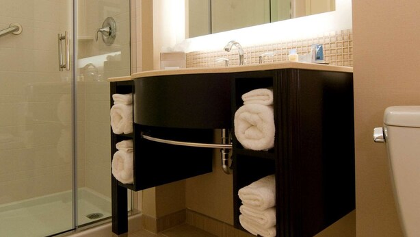 A modern bathroom with a glass shower enclosure, a vanity with a mirror, and a toilet. - DoubleTree by Hilton Sterling - Dulles Airport (Sterling)