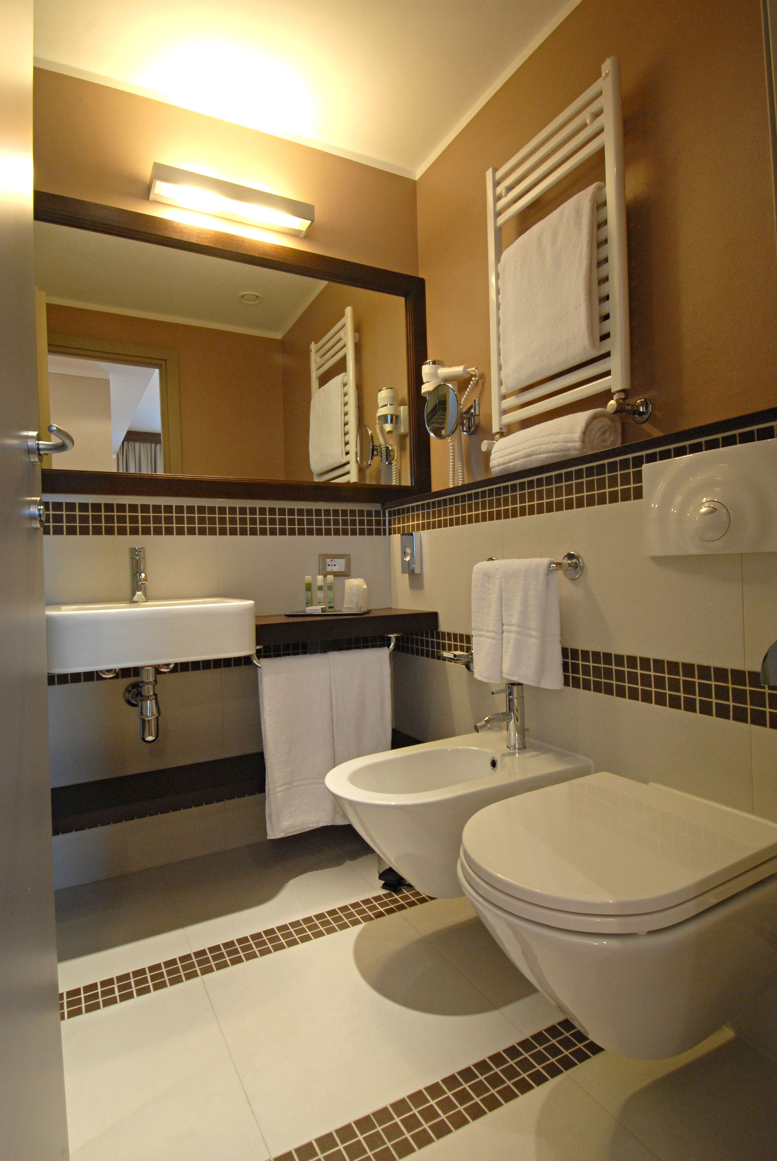 hair dryer, bidet, towels, soap