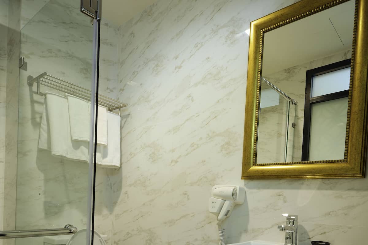 Shower, free toiletries, hair dryer, towels