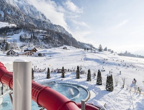 Relax by the circular pool surrounded by snow-covered mountains and trees.