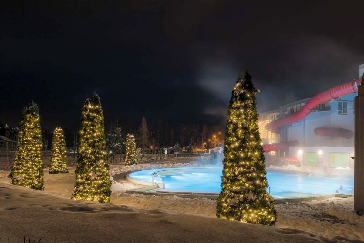 A snow-covered outdoor area with a pool and Christmas trees.