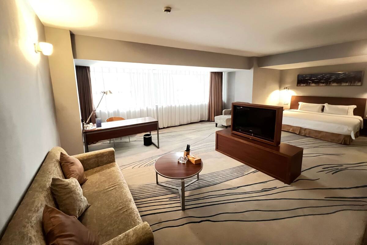 A hotel room with a sofa, a TV, a bed, a desk, and a large window with curtains.
