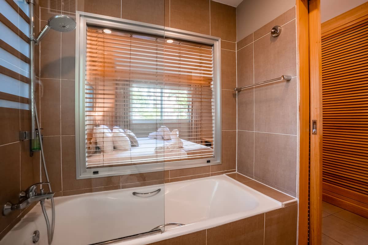 combined shower/bathtub, free toiletries, hair dryer, towels