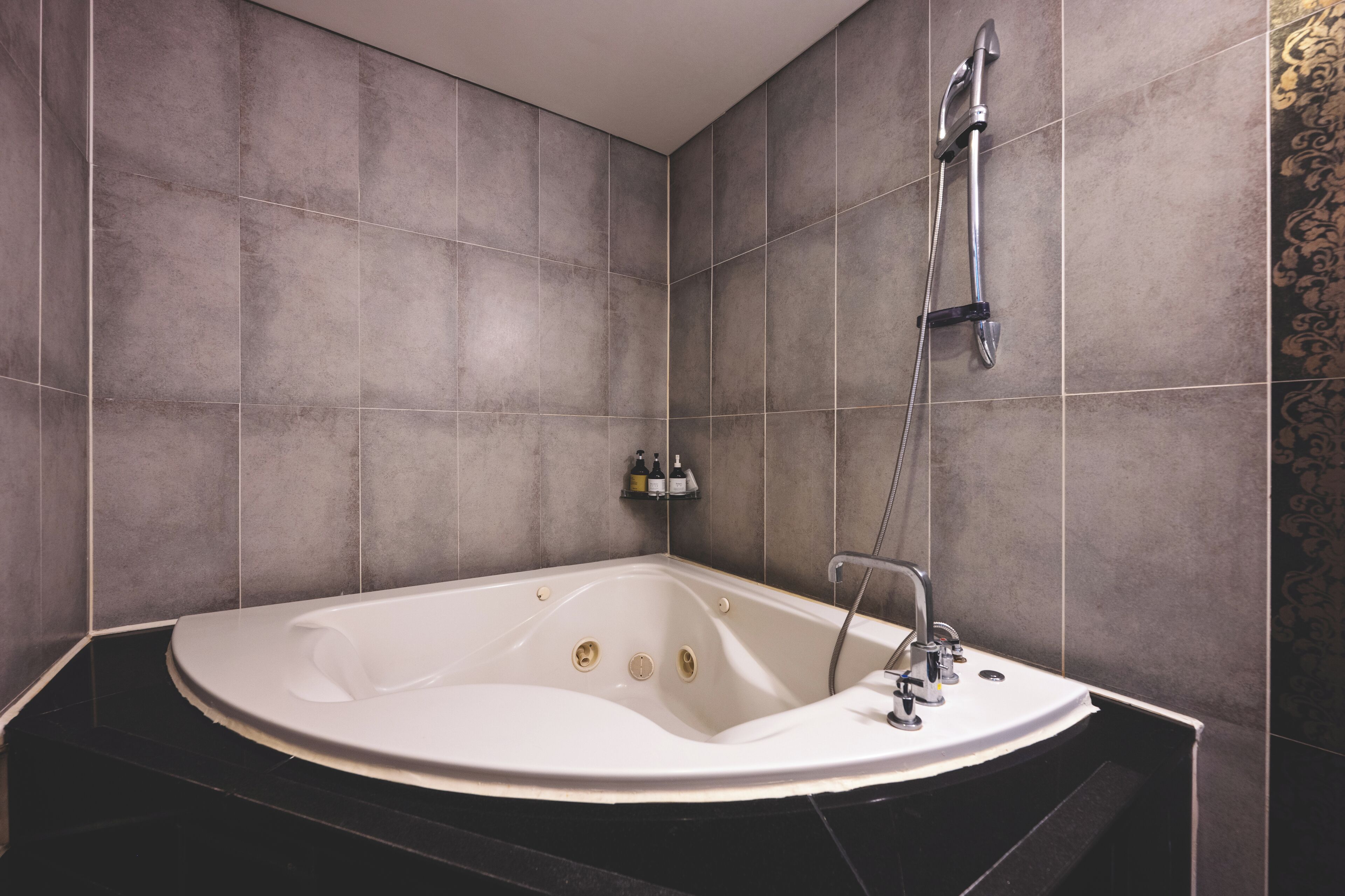 A modern bathroom with a freestanding bathtub, a handheld showerhead, and a wall-mounted faucet.