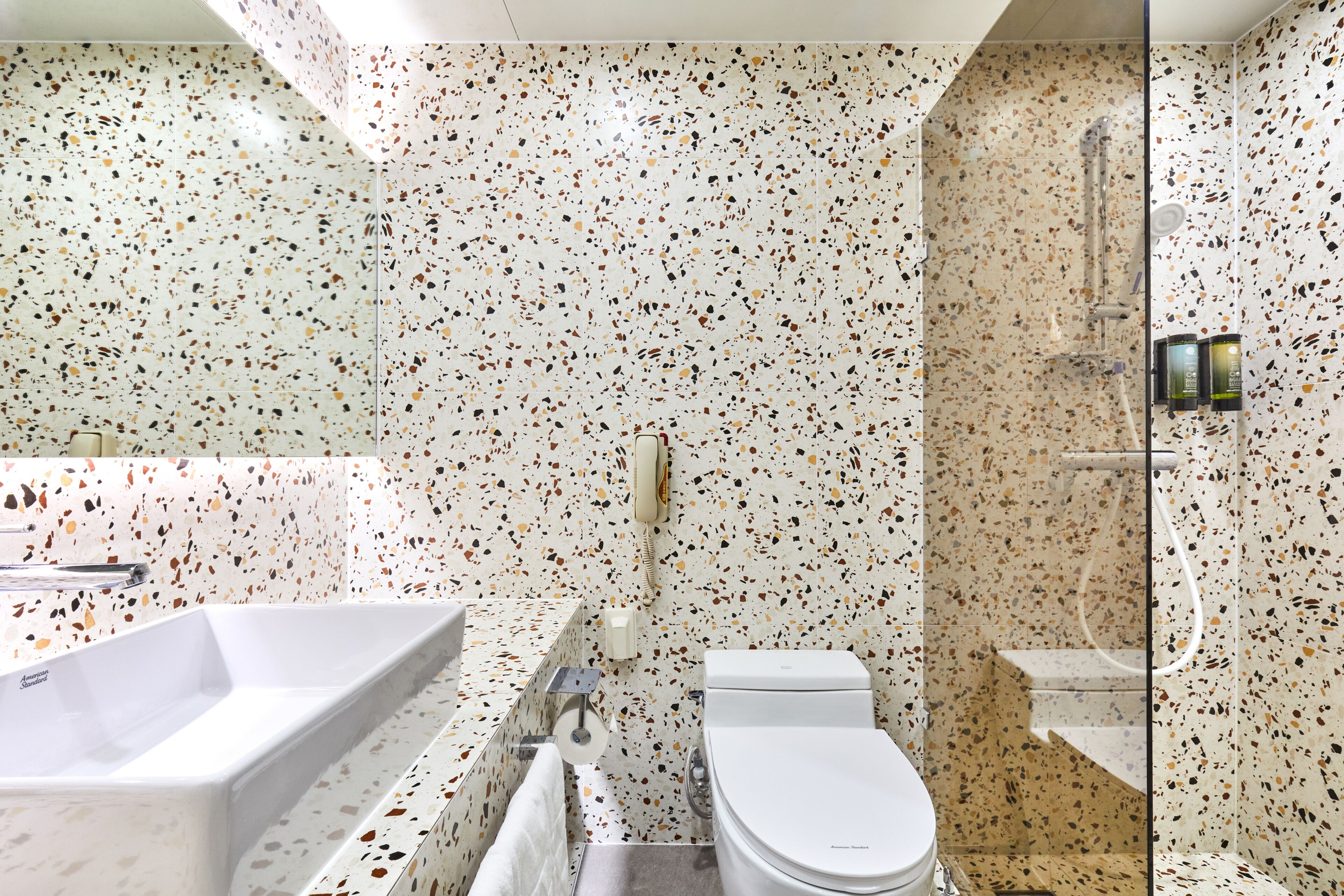 A modern bathroom with a freestanding bathtub, a toilet, and a shower area.