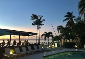 Outdoor pool, pool umbrellas, sun loungers