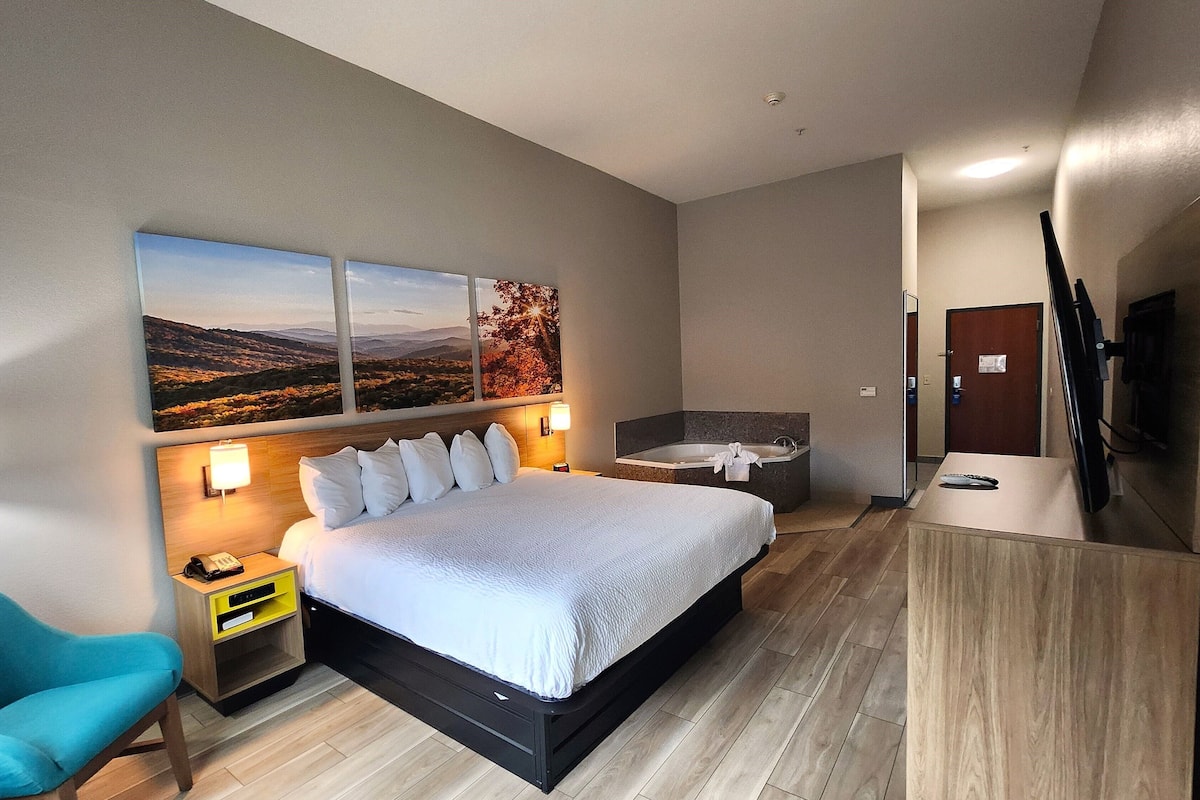 Habitación de hotel con una cama grande, una mesita de noche, una silla, una bañera y un cuadro de un paisaje.