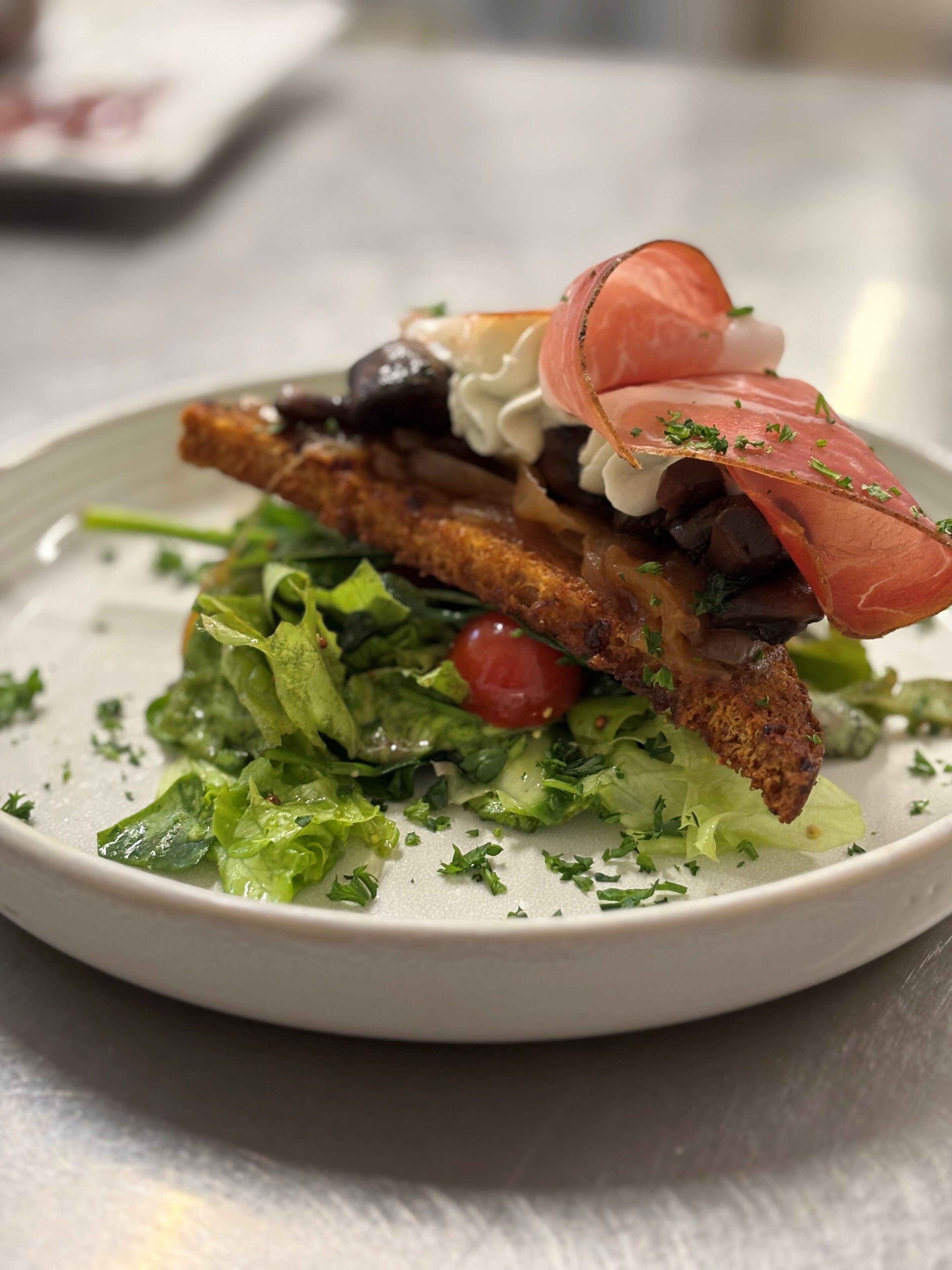 A plate with a piece of bread topped with various ingredients, including a slice of tomato, a dollop of cream, and a piece of smoked salmon, served on a bed of greens.