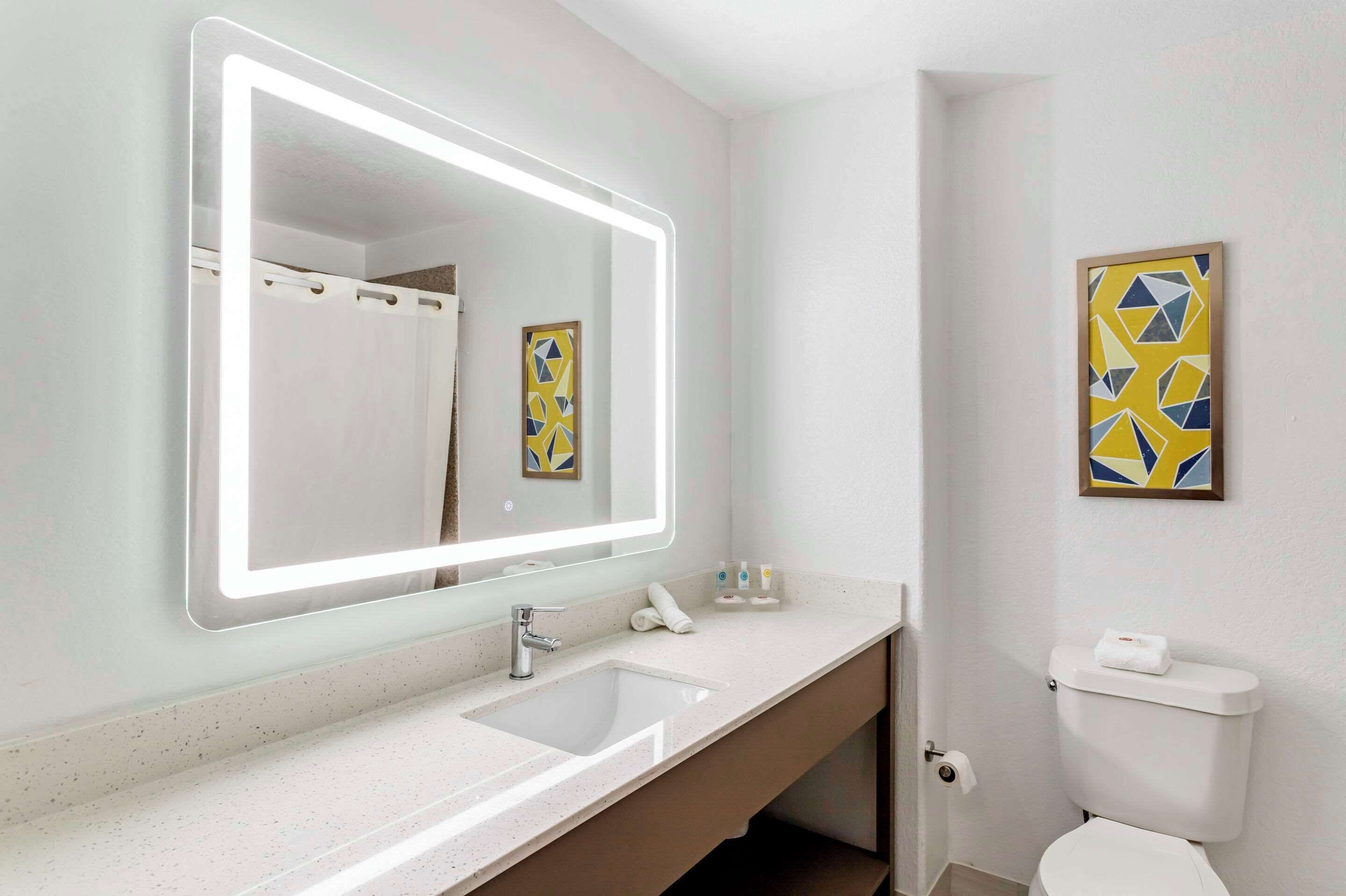 A bathroom with a large mirror, a sink, a toilet, and two framed artworks on the wall.
