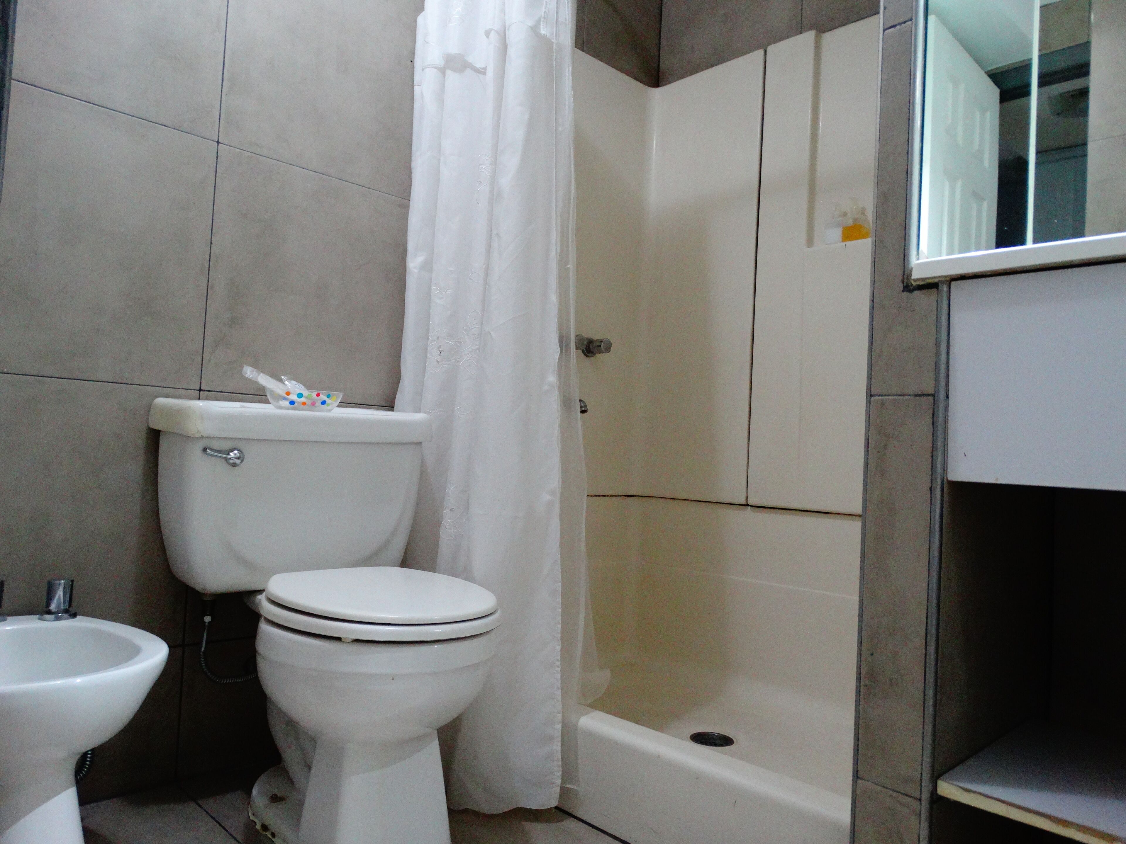 Une salle de bain équipée de toilettes, d’un bidet et d’une baignoire.