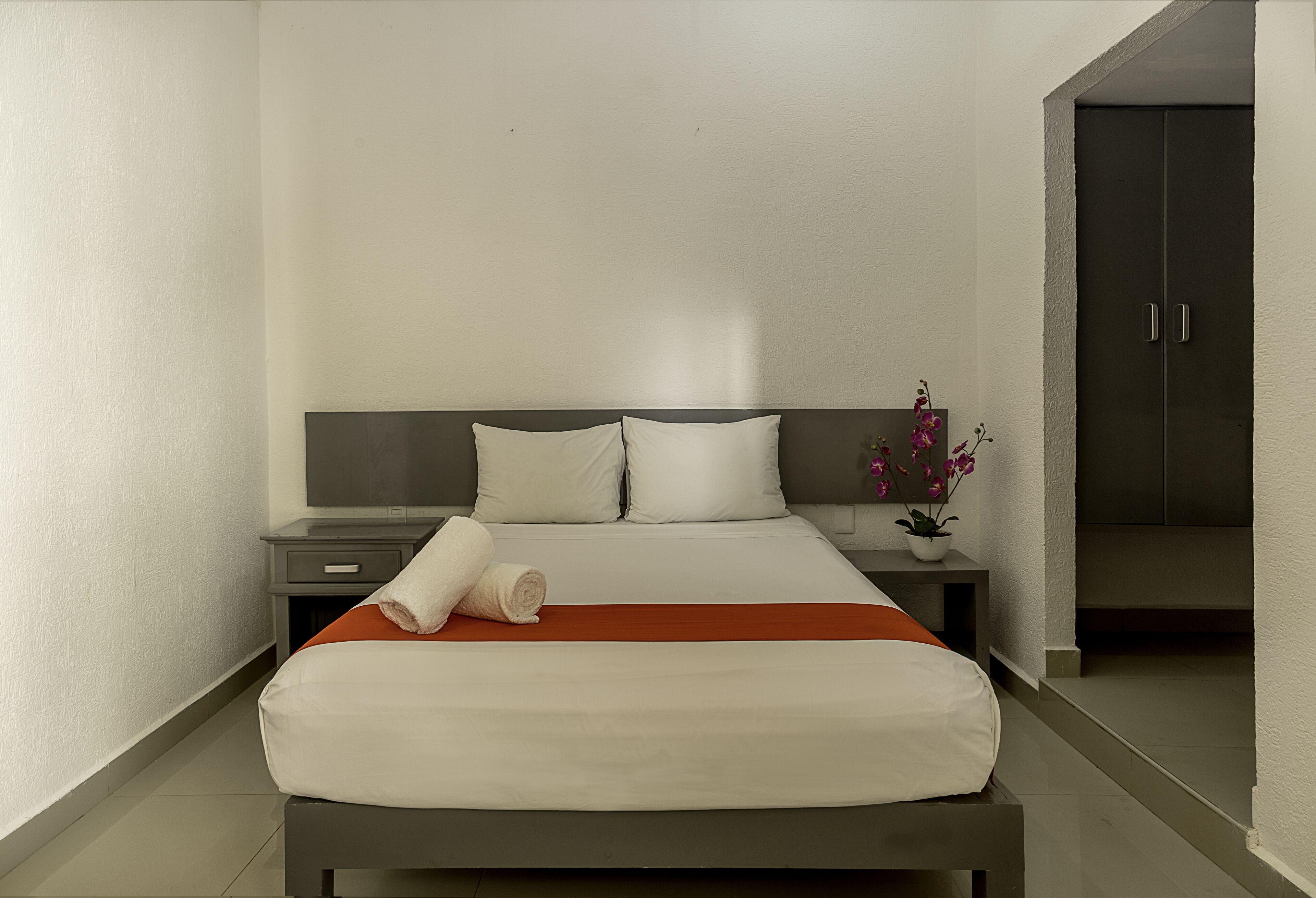 Habitación de hotel moderna con una cama bien hecha, una mesita de noche con lámpara y una pequeña mesa con planta en maceta.