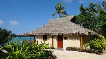 A thatched-roof hut with a wooden door, surrounded by tropical plants, overlooking a clear blue sea.