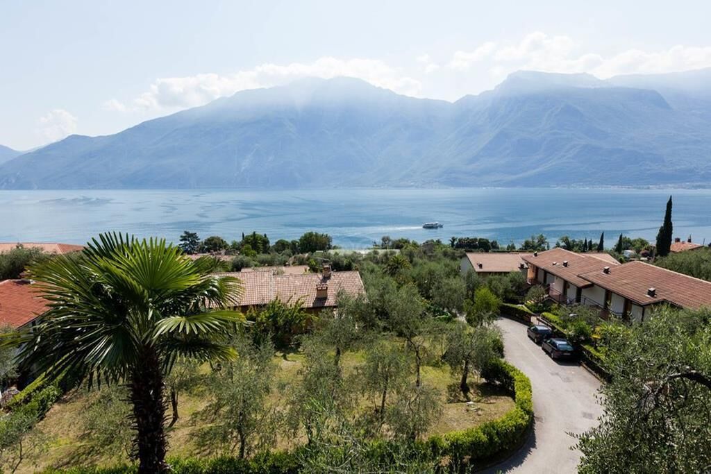 A residential area with houses, a road, and a mountain backdrop.