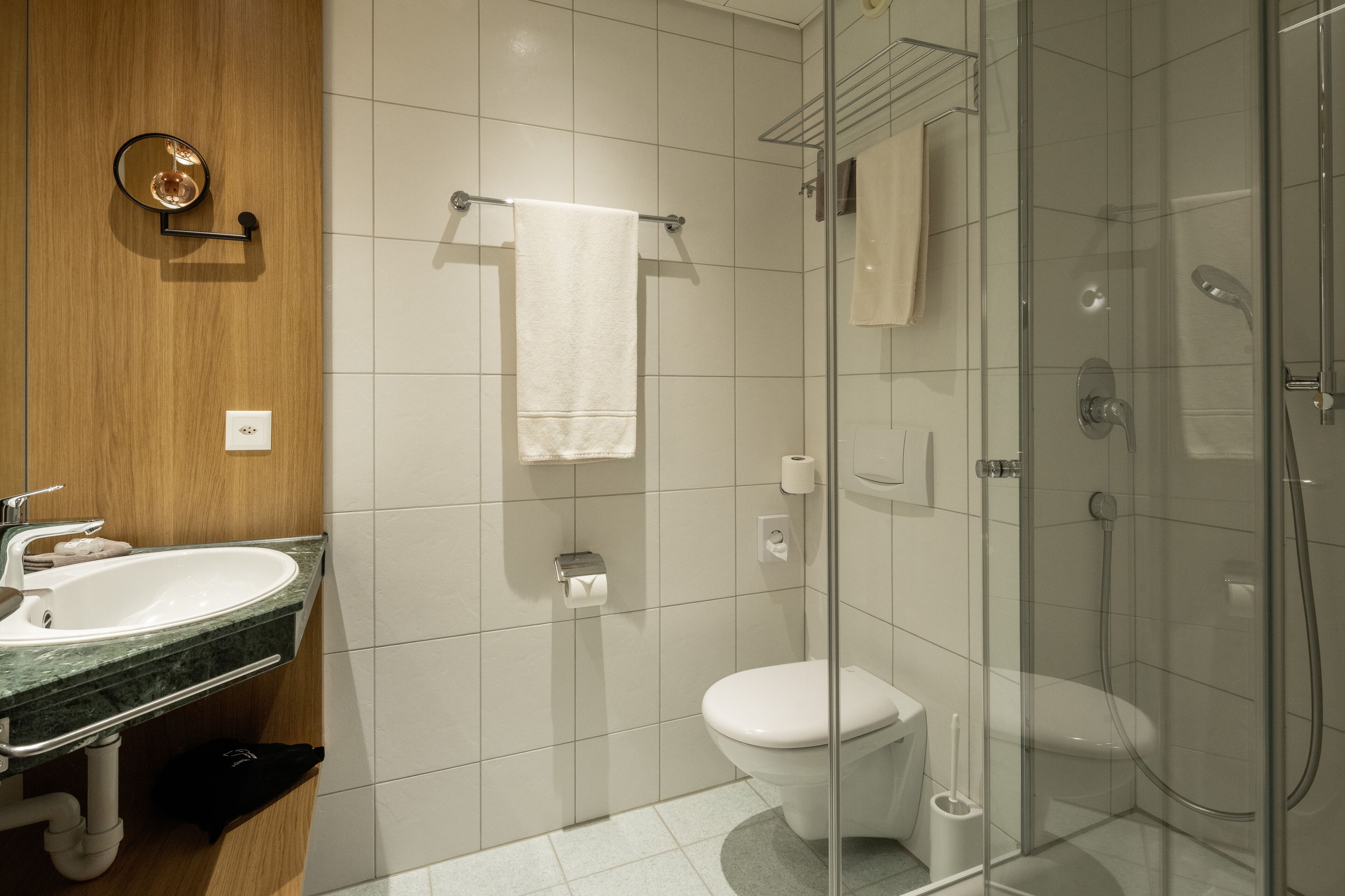 A modern bathroom with a glass-enclosed shower, a sink with a marble countertop, and a toilet.