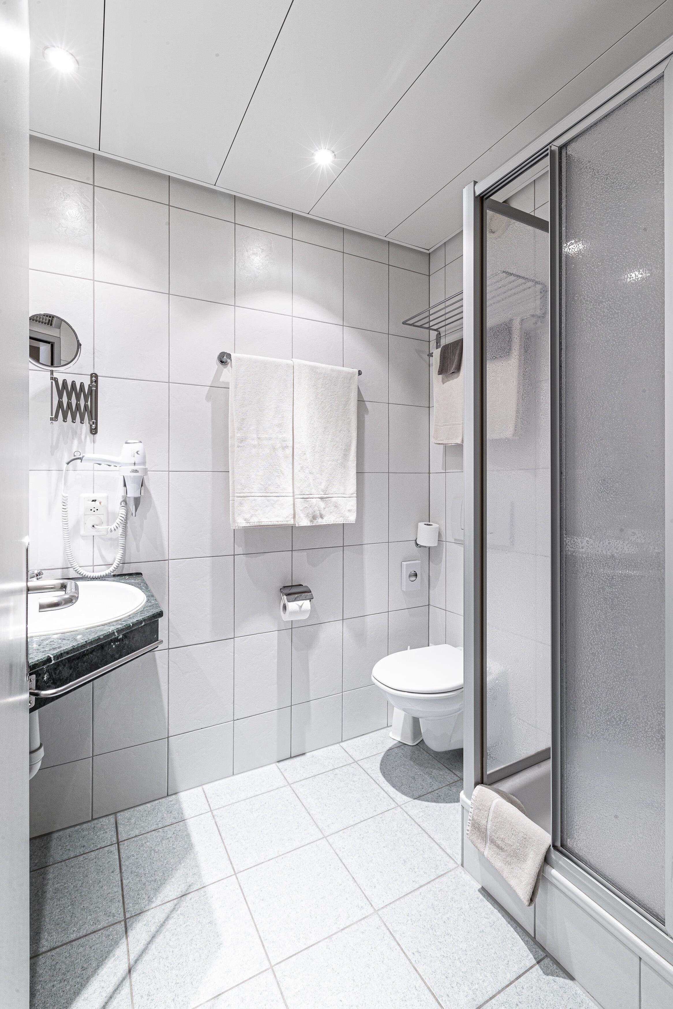 shower, free toiletries, hair dryer, towels