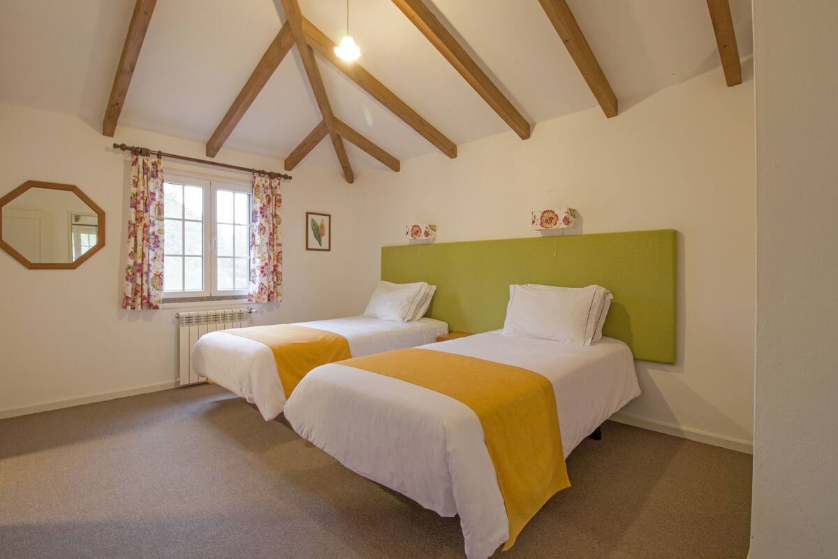 Habitació amb dos llits, una finestra amb cortines florals, un radiador i un capçal de llit verd.