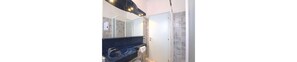 Shower, hair dryer, bidet, towels