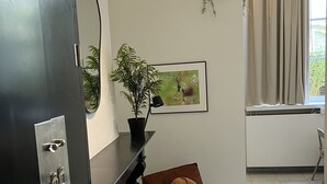 Una sala de estar moderna con un armario de tonos oscuros, un sillón tapizado en marrón, una planta en maceta, una obra de arte enmarcada y una ventana con cortinas.
