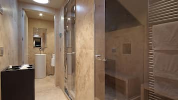 Loft | Bathroom | Rainfall showerhead, designer toiletries, hair dryer, slippers