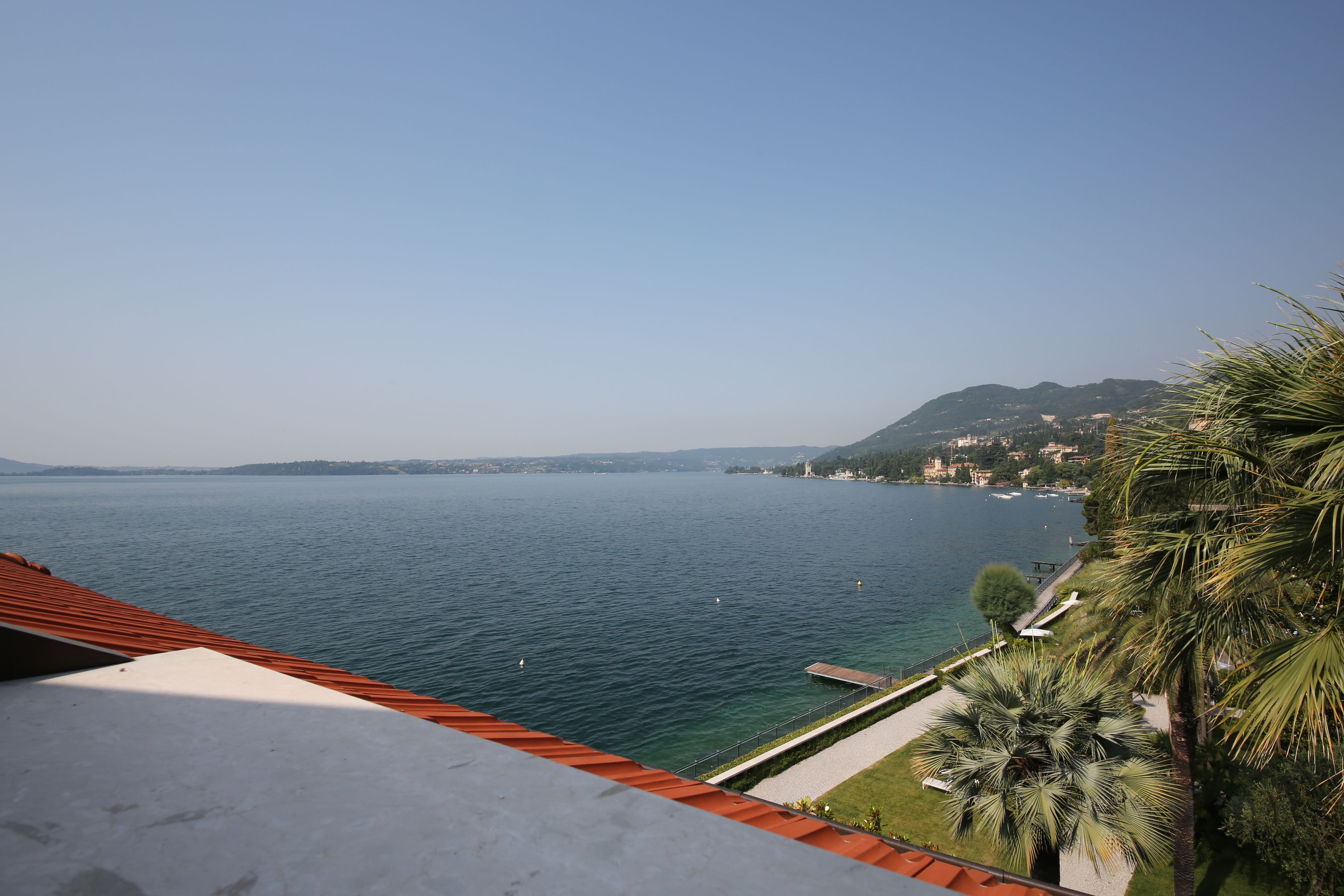A view of a lake with a dock, palm trees, and a distant mountain range.