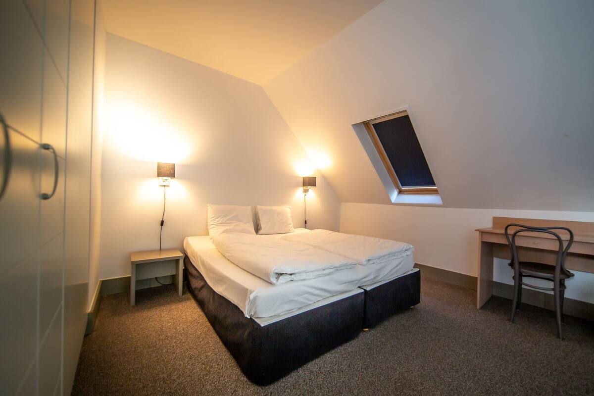 A bedroom with a bed, bedside tables, a desk, and a skylight.