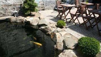 Un estanque de carpas con rocas y una pequeña cascada, rodeado de sillas y mesas de madera.