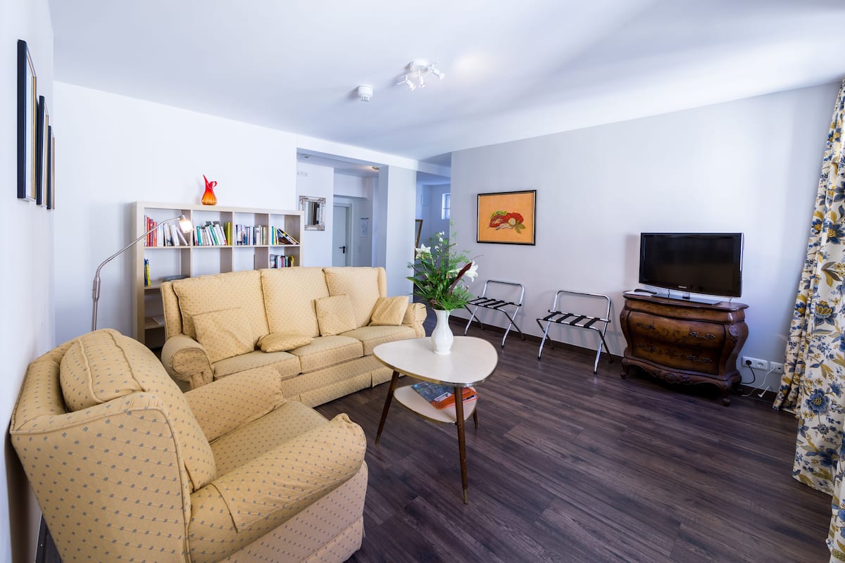 A living room with a sofa, a small table with a plant, a TV, and a bookshelf.