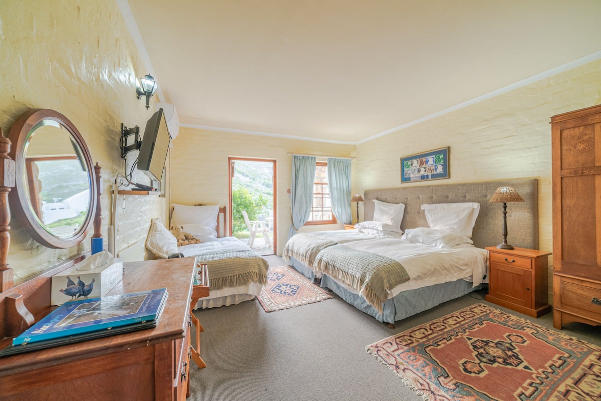 A bedroom with two beds, a wooden dresser, a mirror, and a window with curtains.