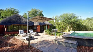 A villa with a pool, outdoor seating, and a thatched-roof structure. - Mohlabetsi Safari Lodge (Hoedspruit)