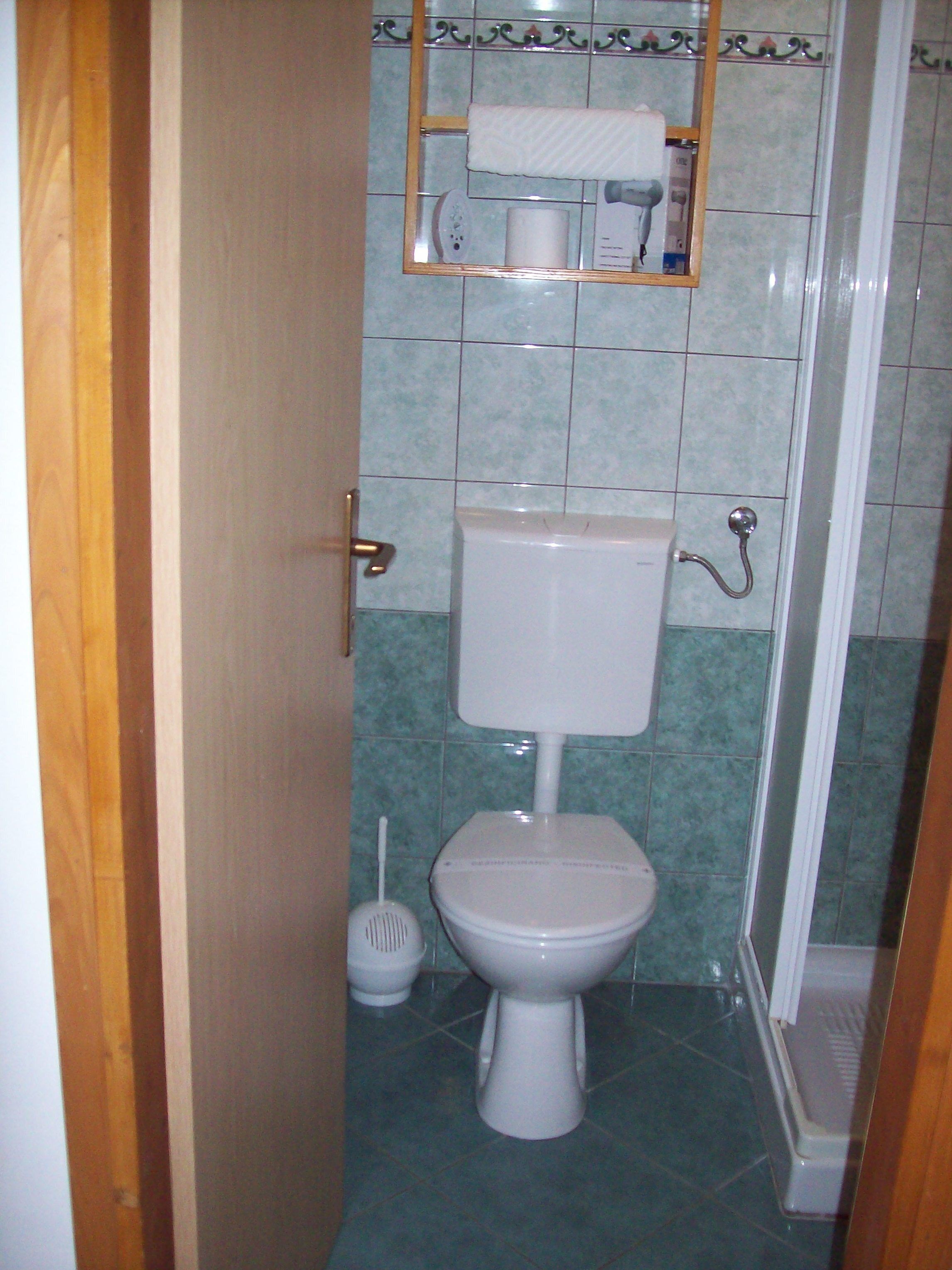 shower, hair dryer, towels, shampoo