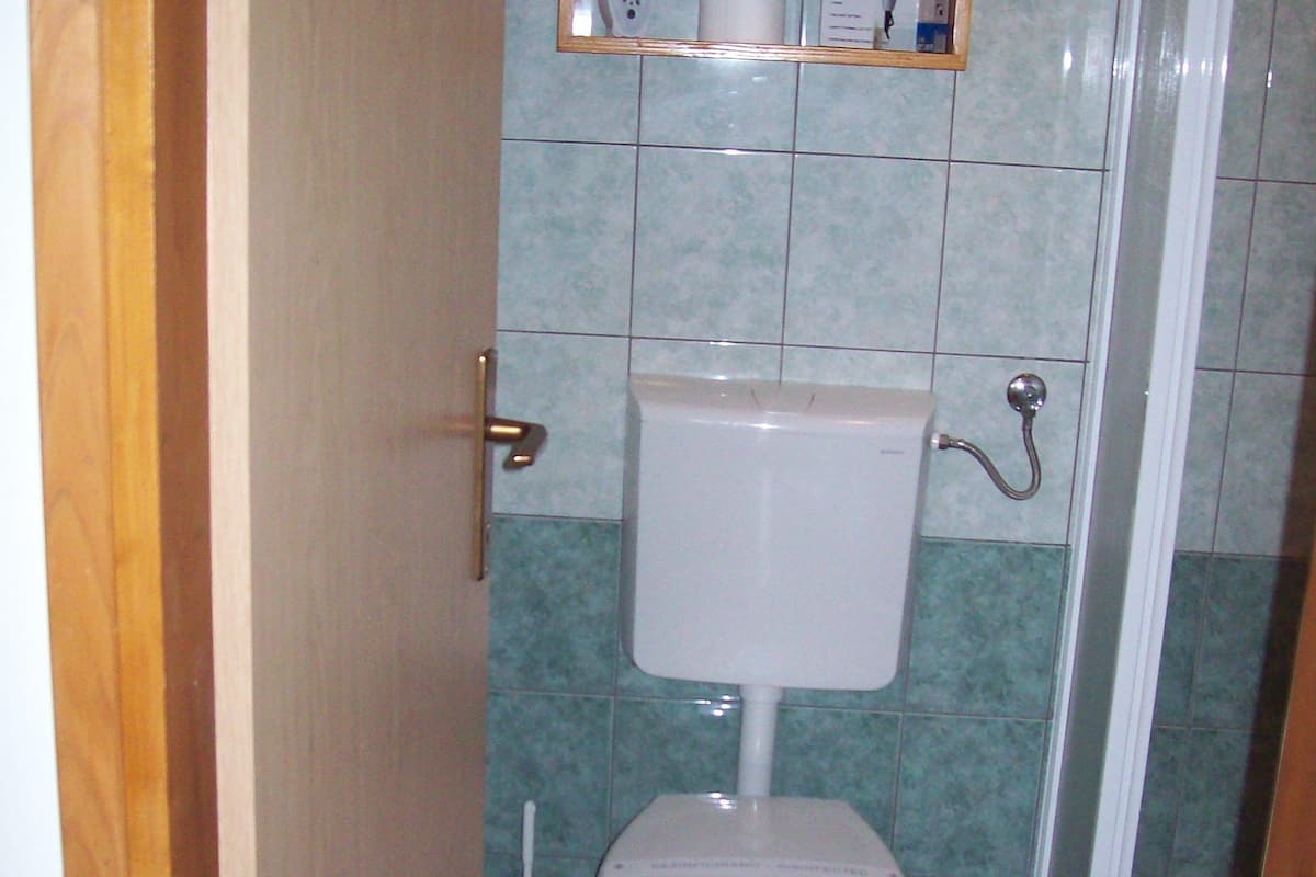 shower, hair dryer, towels, shampoo