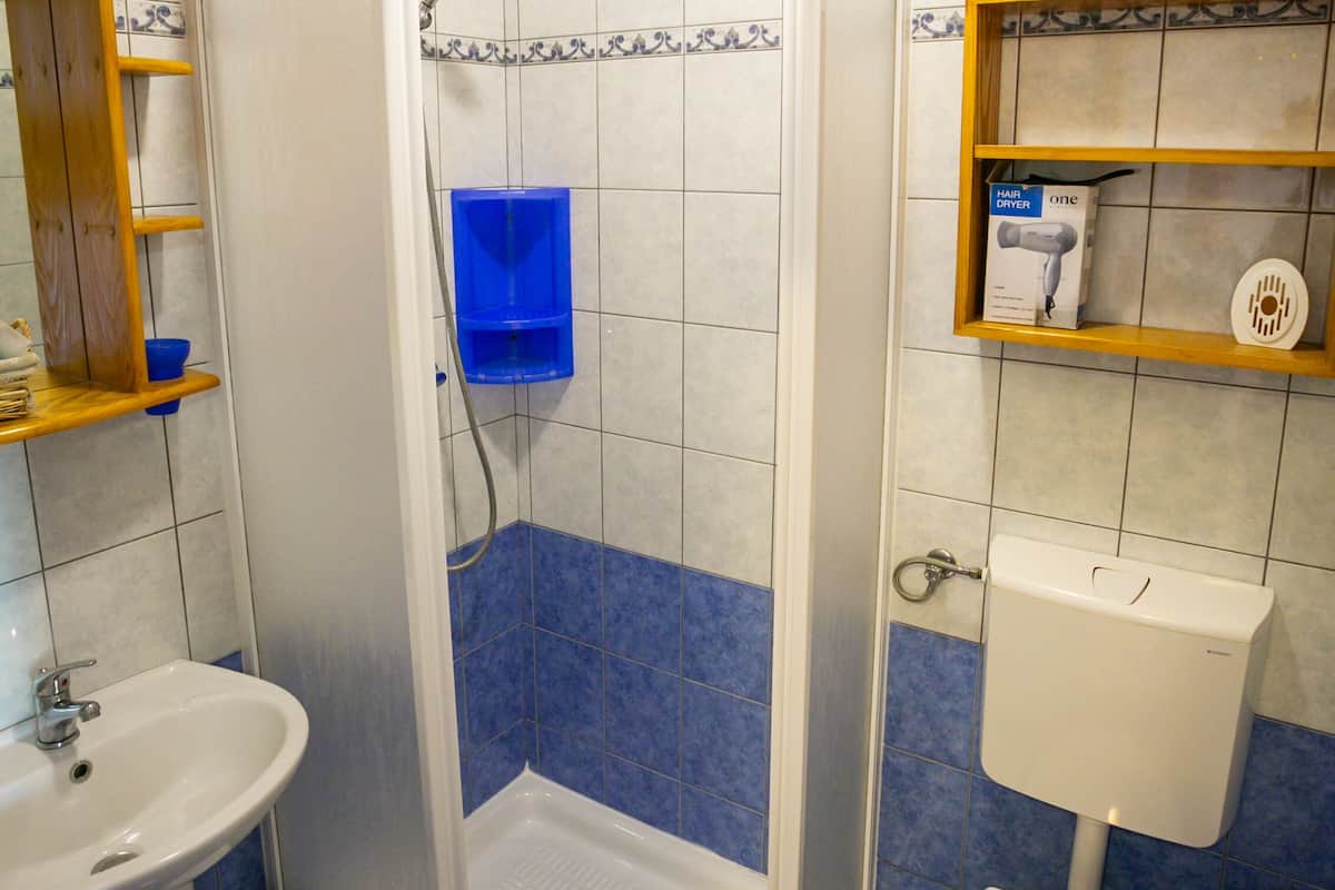 shower, hair dryer, towels, shampoo