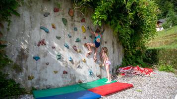 A rock climbing wall with various holds and a person climbing.
