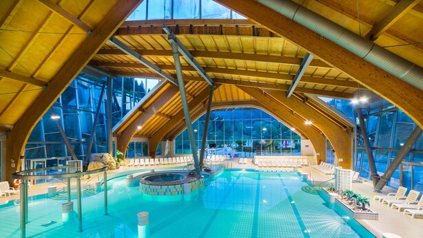 Una piscina interior con techo de madera alto y ventanas grandes.