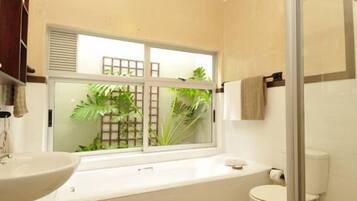 Separate tub and shower, hair dryer, towels
