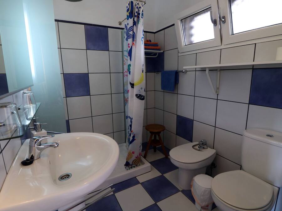 Een badkamer met een wit wastafel, toilet en douchegordijn.