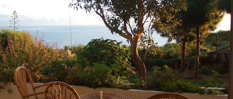 A patio with wicker furniture overlooking a garden and the sea.