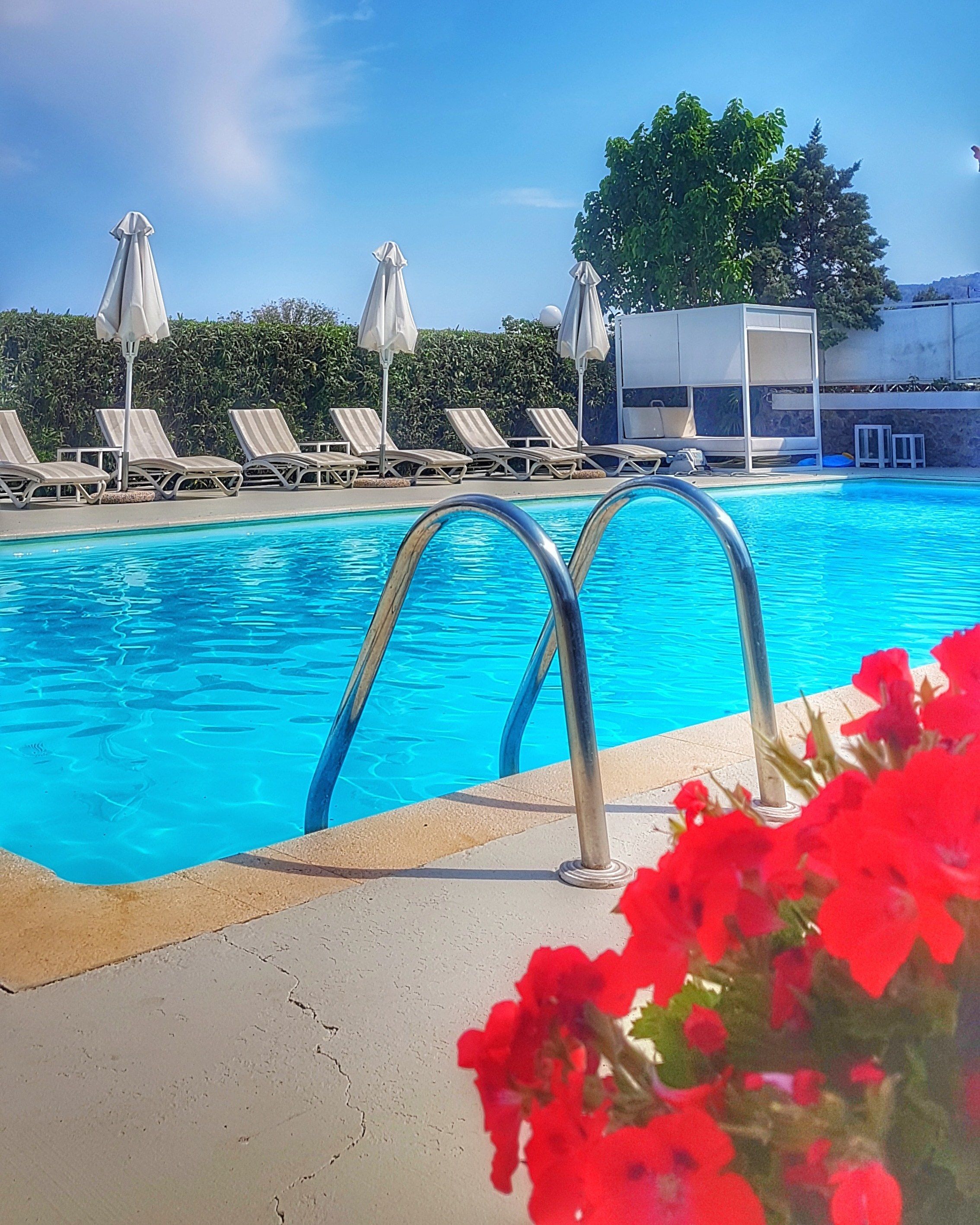 Una piscina con sillas de descanso y sombrillas, rodeada de vegetación.