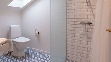 A modern bathroom with a skylight, a shower with a glass door, and patterned floor tiles.