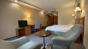 Een bureau, verduisterende gordijnen, een strijkplank/strijkijzer