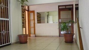 Un couloir avec un sol carrelé, une porte en bois et deux plantes en pot.